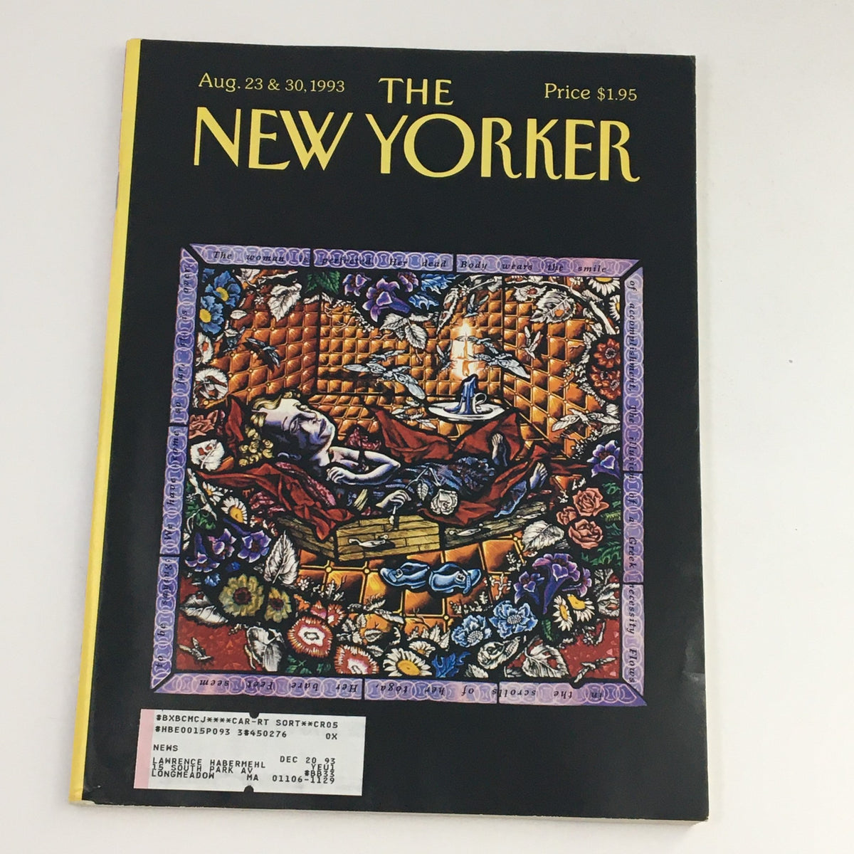 Cover of The New Yorker August 23 1993 Full Magazine Theme Cover by Judith Schaechter featuring vibrant artwork with floral and candle motifs.