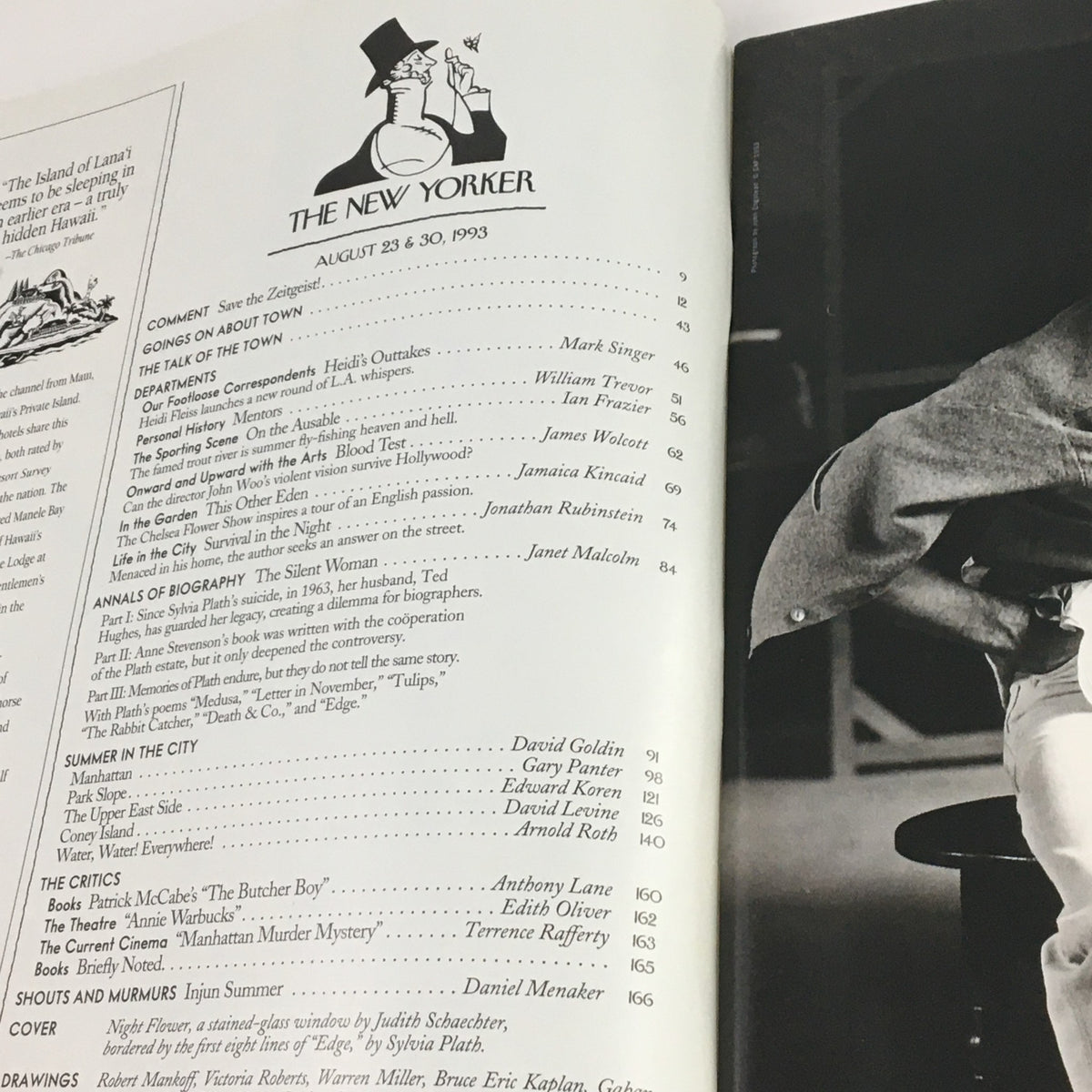 Interior page from The New Yorker August 23 1993 displaying the table of contents with various articles and sections, showcasing the magazine's editorial layout.