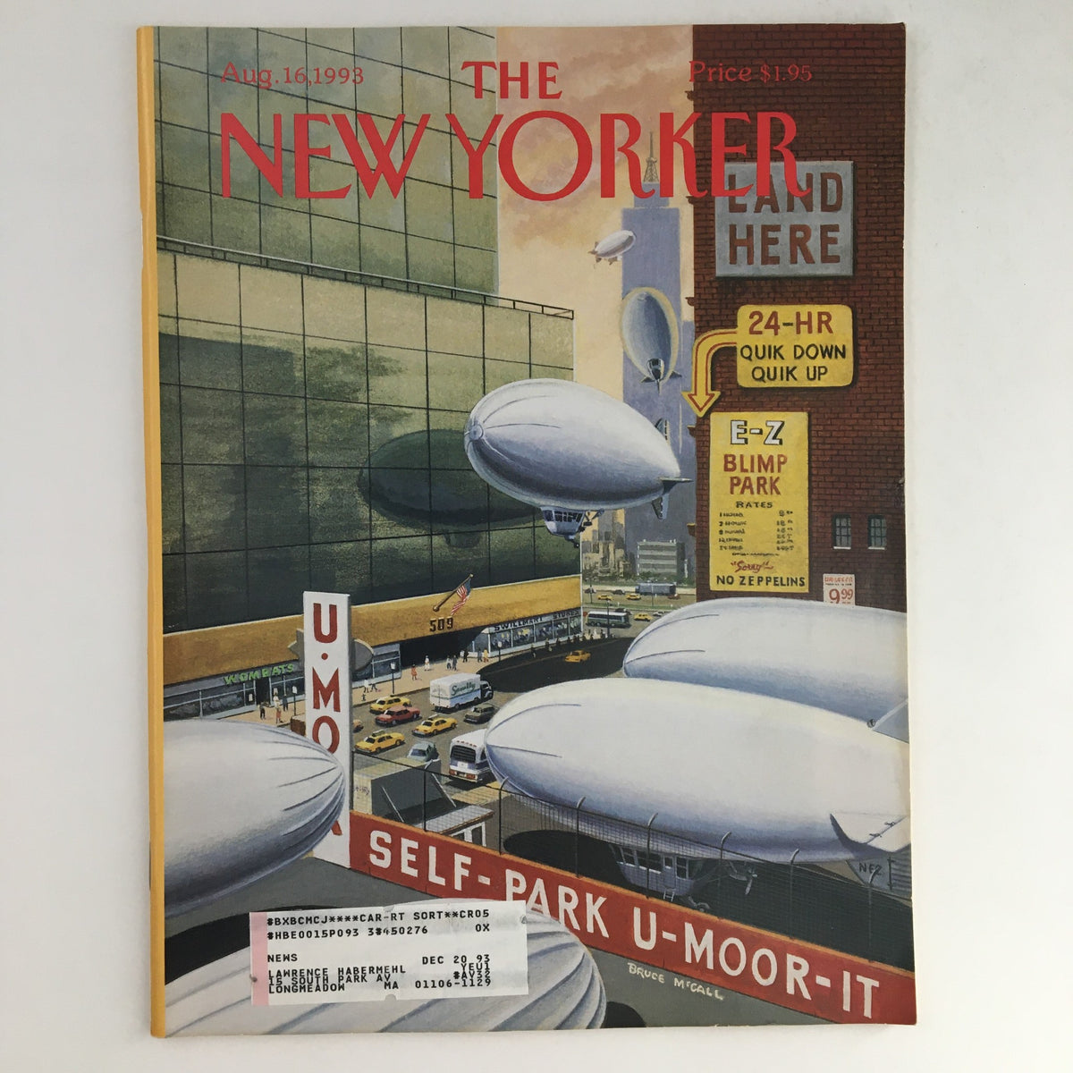 The New Yorker August 16 1993 Full Magazine Cover featuring a whimsical illustration by Bruce McCall, showcasing blimps over a modern cityscape with advertisements and a street scene.