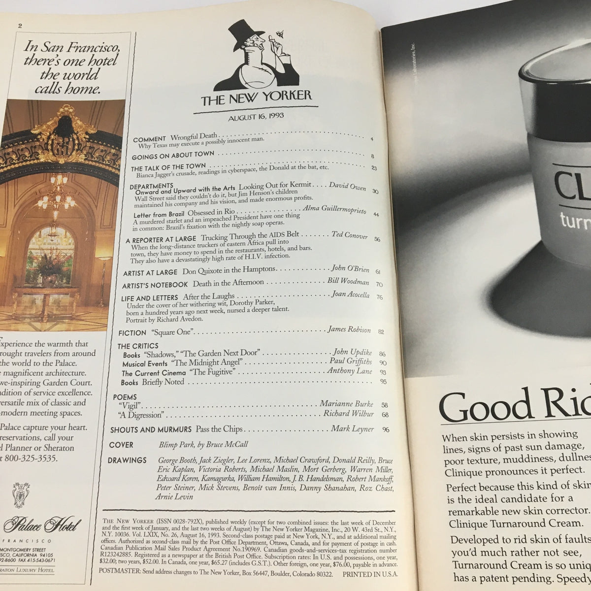 Interior page of The New Yorker August 16 1993 showing the contents list, including article titles and authors, along with an iconic illustration of the magazine's mascot.