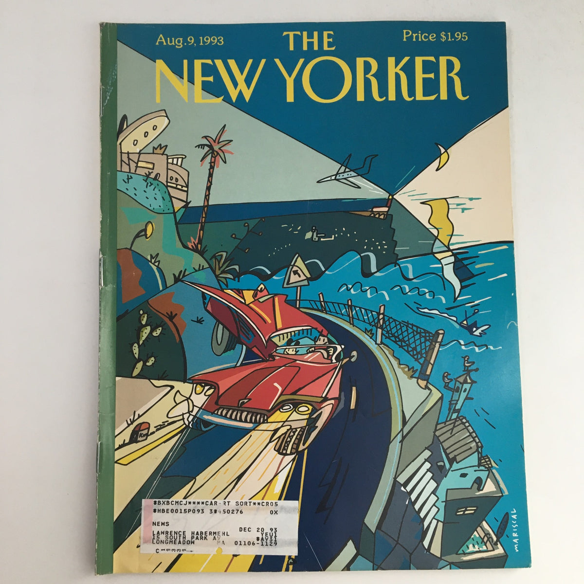 The New Yorker August 9 1993 Full Magazine Theme Cover by Javier Mariscal featuring vibrant illustration of a red car on a coastal road, reflecting the artistic style of the early '90s.