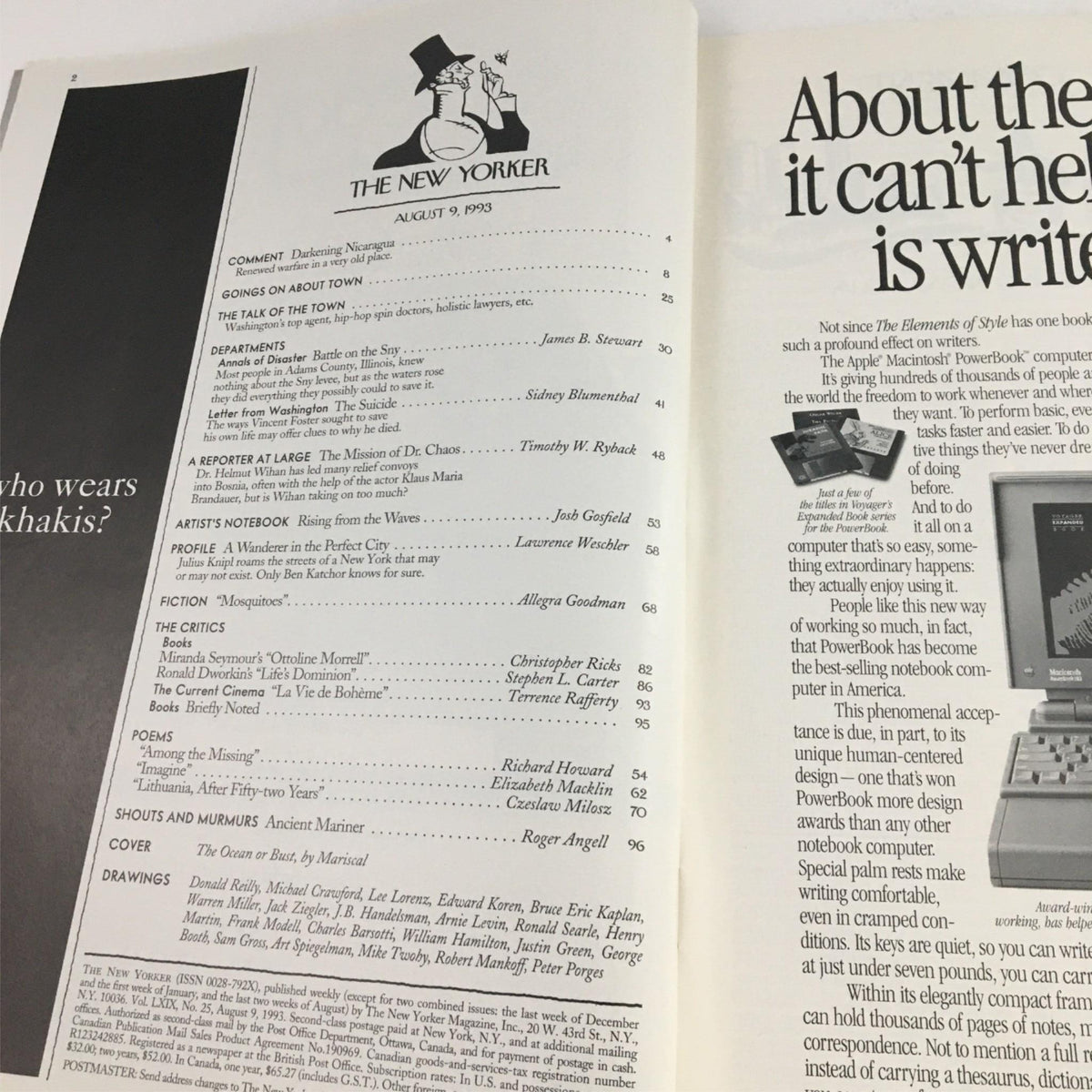 Interior pages of The New Yorker August 9 1993 showcasing the table of contents and an advertisement, highlighting the magazine's editorial style and content layout.