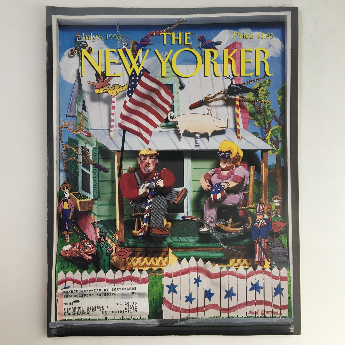 The New Yorker July 5 1993 Full Magazine Theme Cover by Red Grooms, featuring a colorful illustration with patriotic themes, depicting two characters with American flags, in front of a whimsical house.