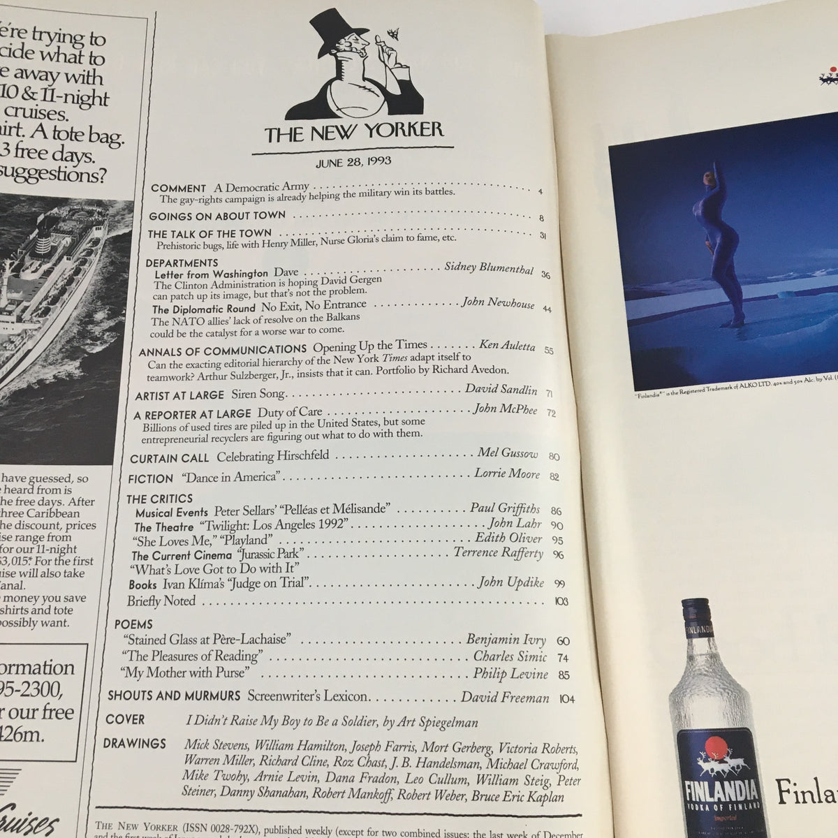 Inside page of The New Yorker June 28, 1993 showcasing the table of contents. The page lists various articles and features, including the iconic cover story by Art Spiegelman. This snapshot provides insight into the magazine's literary offerings and editorial style.