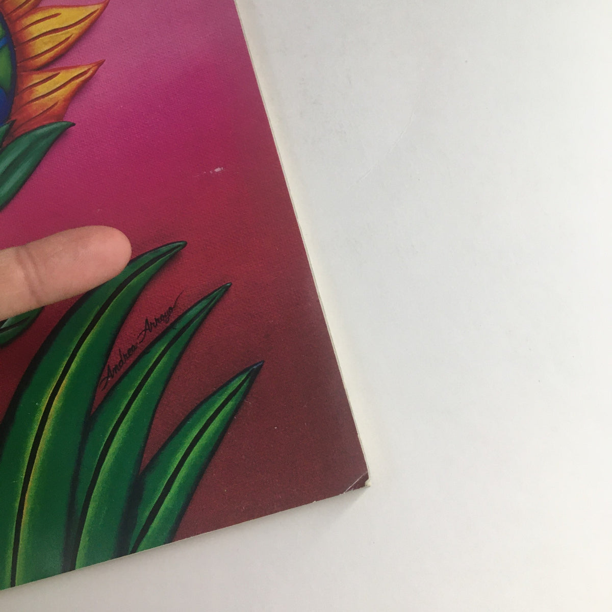 Detail of The New Yorker April 26 1993 Full Magazine Theme Cover by Andrea Arroyo showcasing vibrant floral artwork with a finger pointing to the signature.