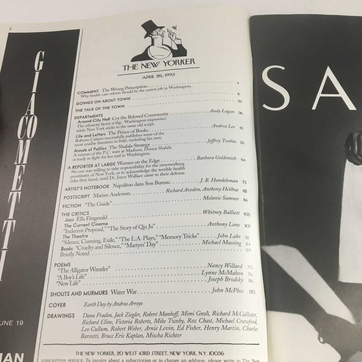 Inside page of The New Yorker April 26 1993 Full Magazine Theme cover displaying the table of contents, featuring various articles and illustrations.