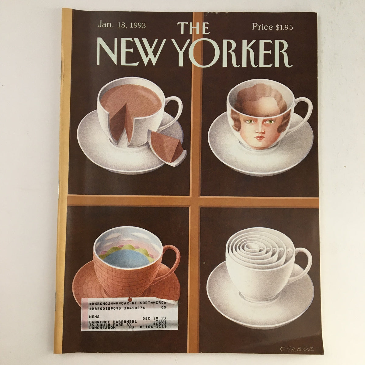 The New Yorker January 18, 1993 full magazine cover featuring a unique illustration of teacups by artist Gürbüz Dogan Eksioglu, showcasing a variety of designs with prices and date highlighted.
