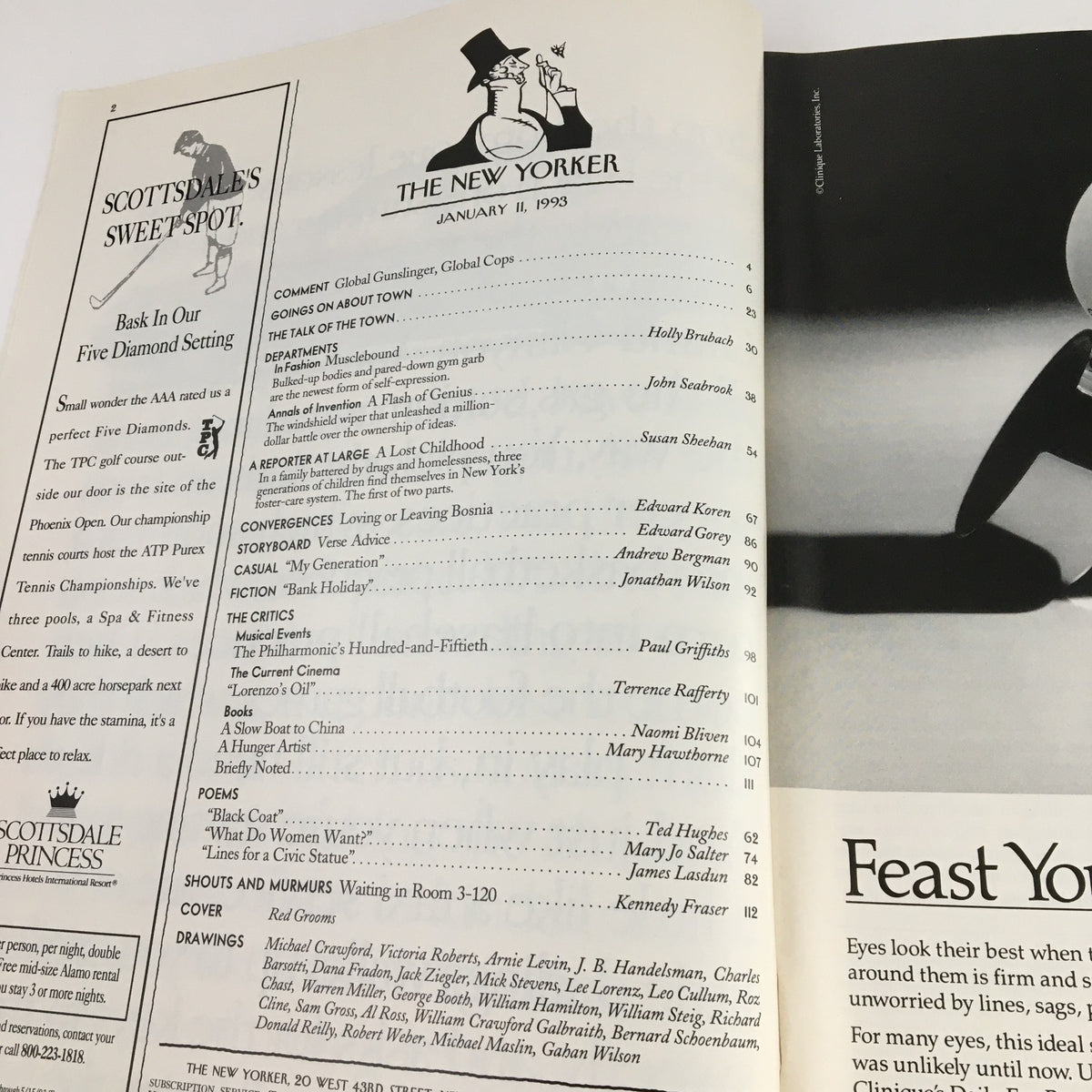 Interior page of The New Yorker January 11, 1993 showing the table of contents with various article titles and a vintage logo of the magazine.