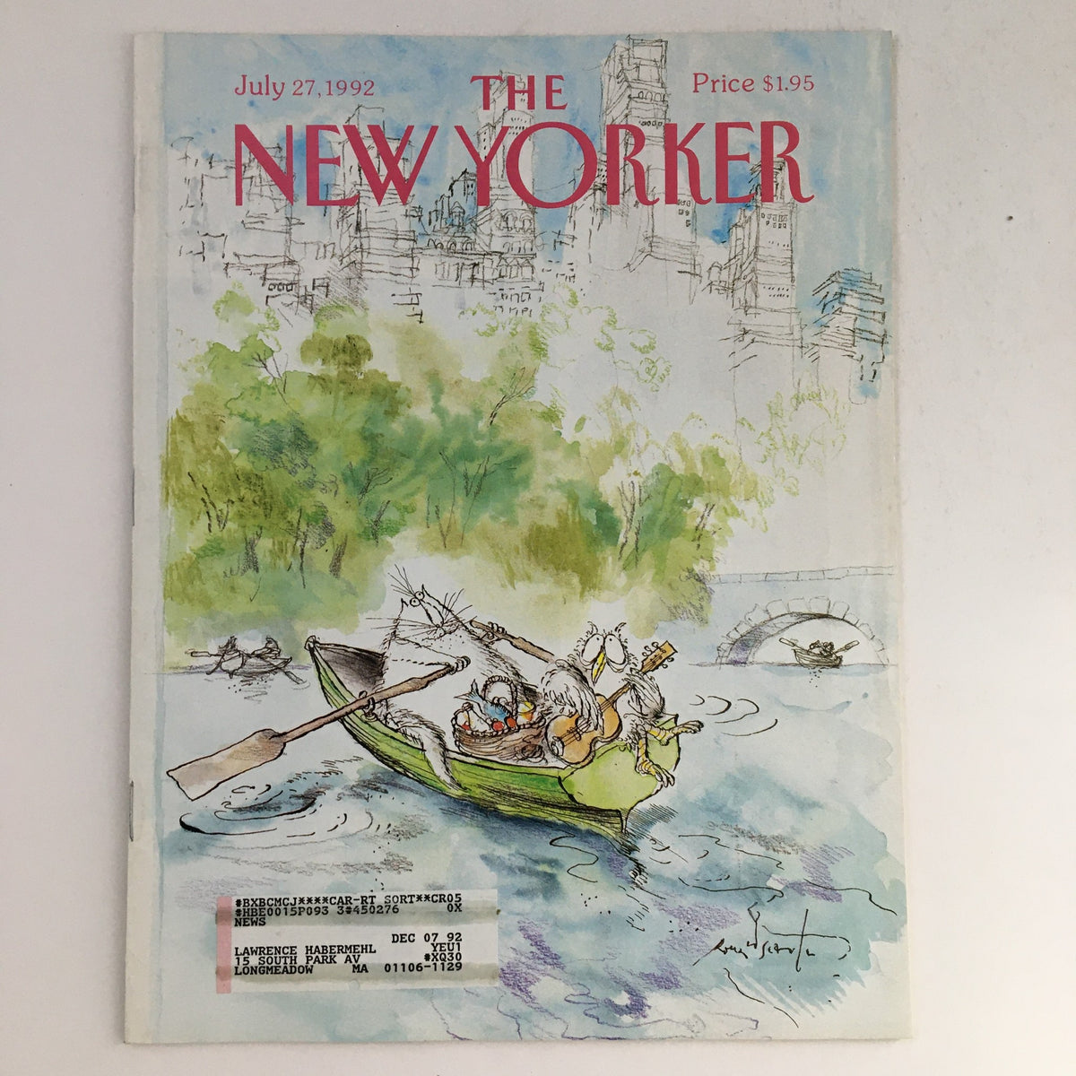 Cover of The New Yorker dated July 27, 1992, featuring an artistic illustration by Ronald Searle depicting whimsical characters in a boat on a river.