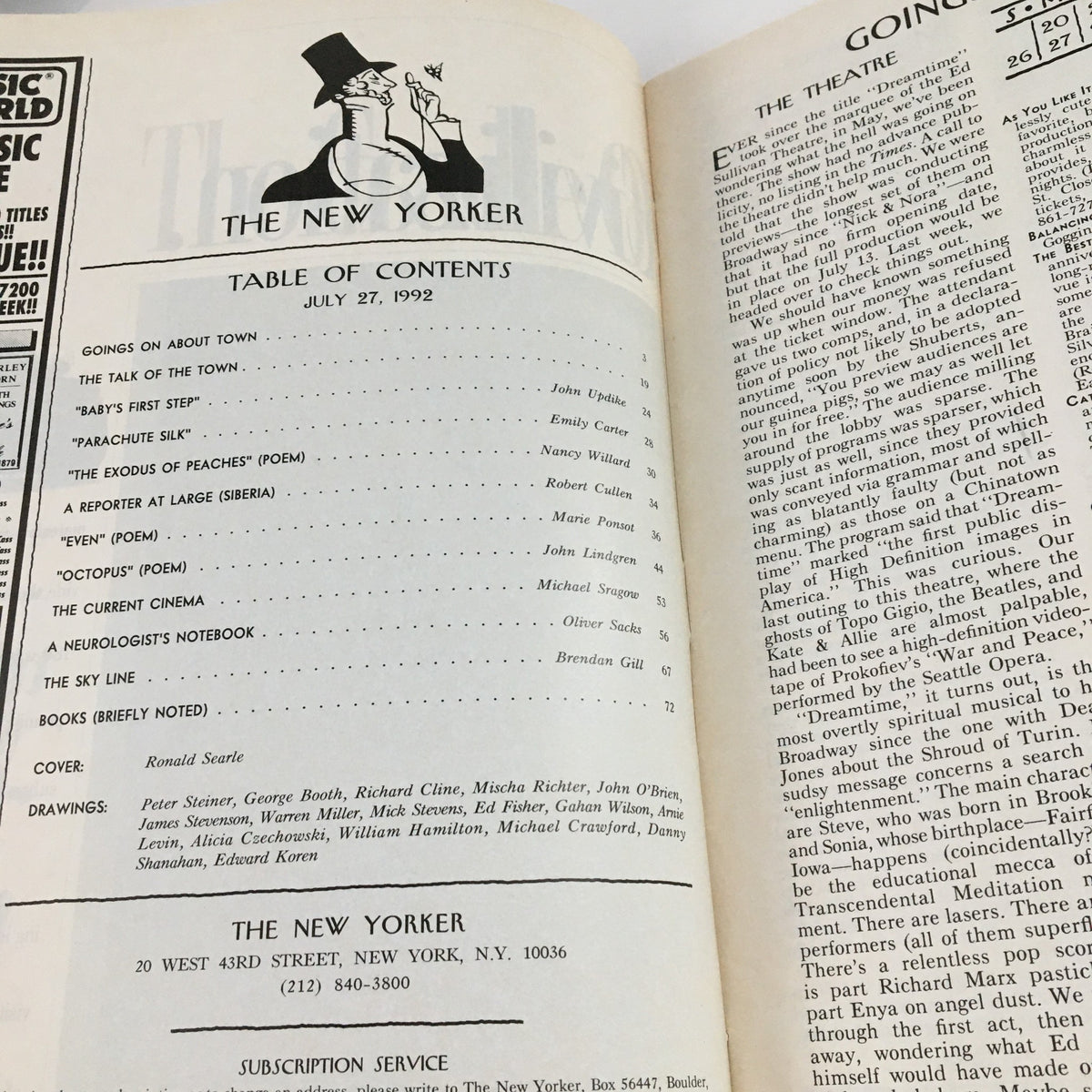 Table of contents page from The New Yorker dated July 27, 1992, displaying article titles and contributors, along with the cover illustration by Ronald Searle.