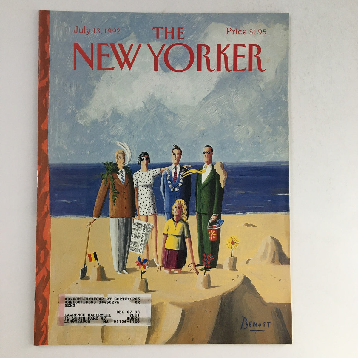 The New Yorker July 13 1992 Full Magazine Cover featuring a group of six figures on a beach, illustrated by Benoit van Innis, showcasing a blend of vintage artistry and journalism.