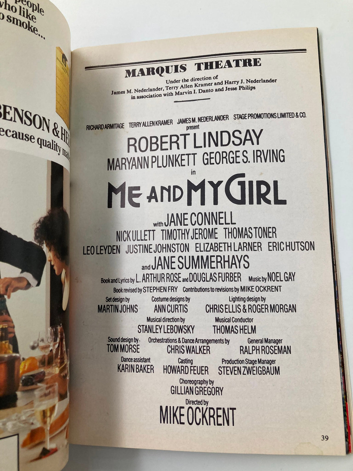 Cast page from the 1987 Playbill for 'Me and My Girl' at the Marquis Theatre, listing performers Robert Lindsay and Maryann Plunkett.
