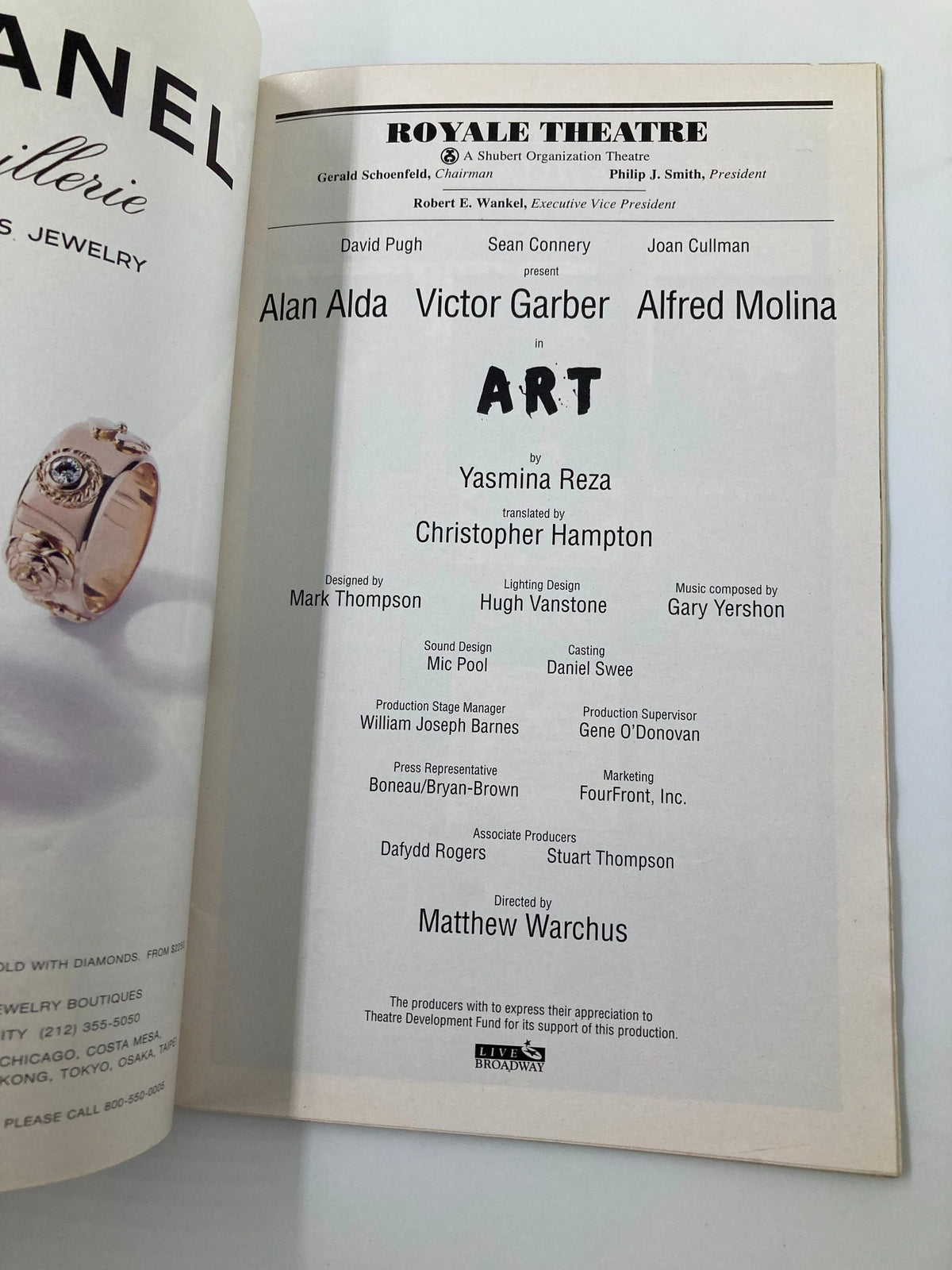 1998 Playbill from Royale Theatre listing performers Alan Alda, Victor Garber, and Alfred Molina in the play 'ART' with production details.