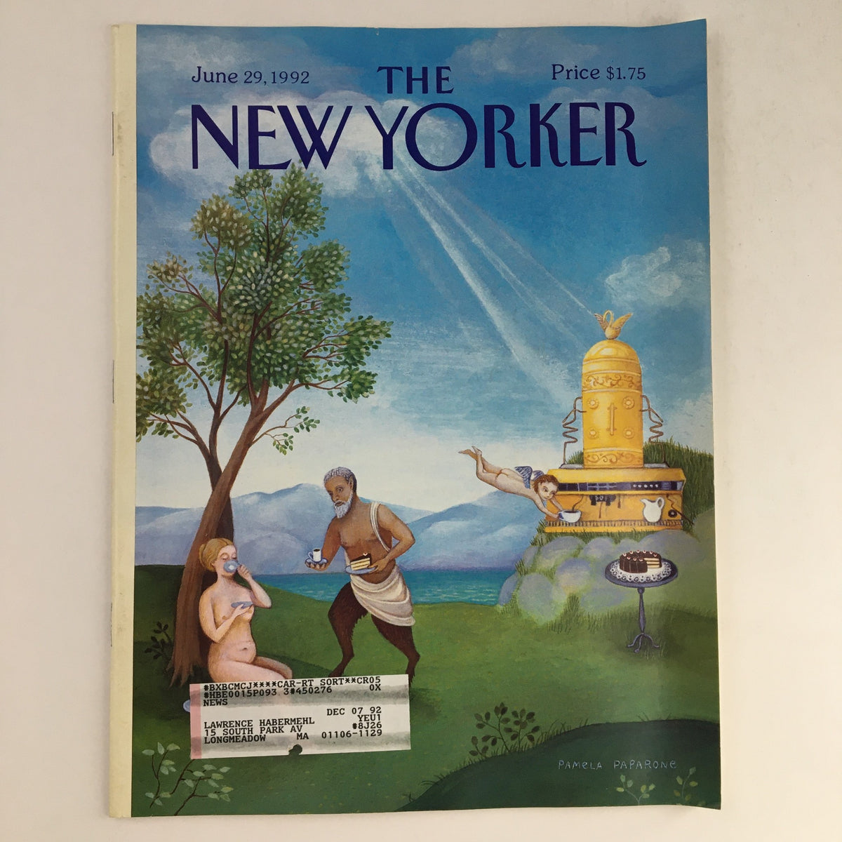 The New Yorker June 29, 1992 Full Magazine Theme Cover by Pamela Paparone featuring whimsical illustration of a serene landscape with a woman relaxing, a man holding a cup, and a golden structure in the background, showcasing the vibrant art style of the early '90s.
