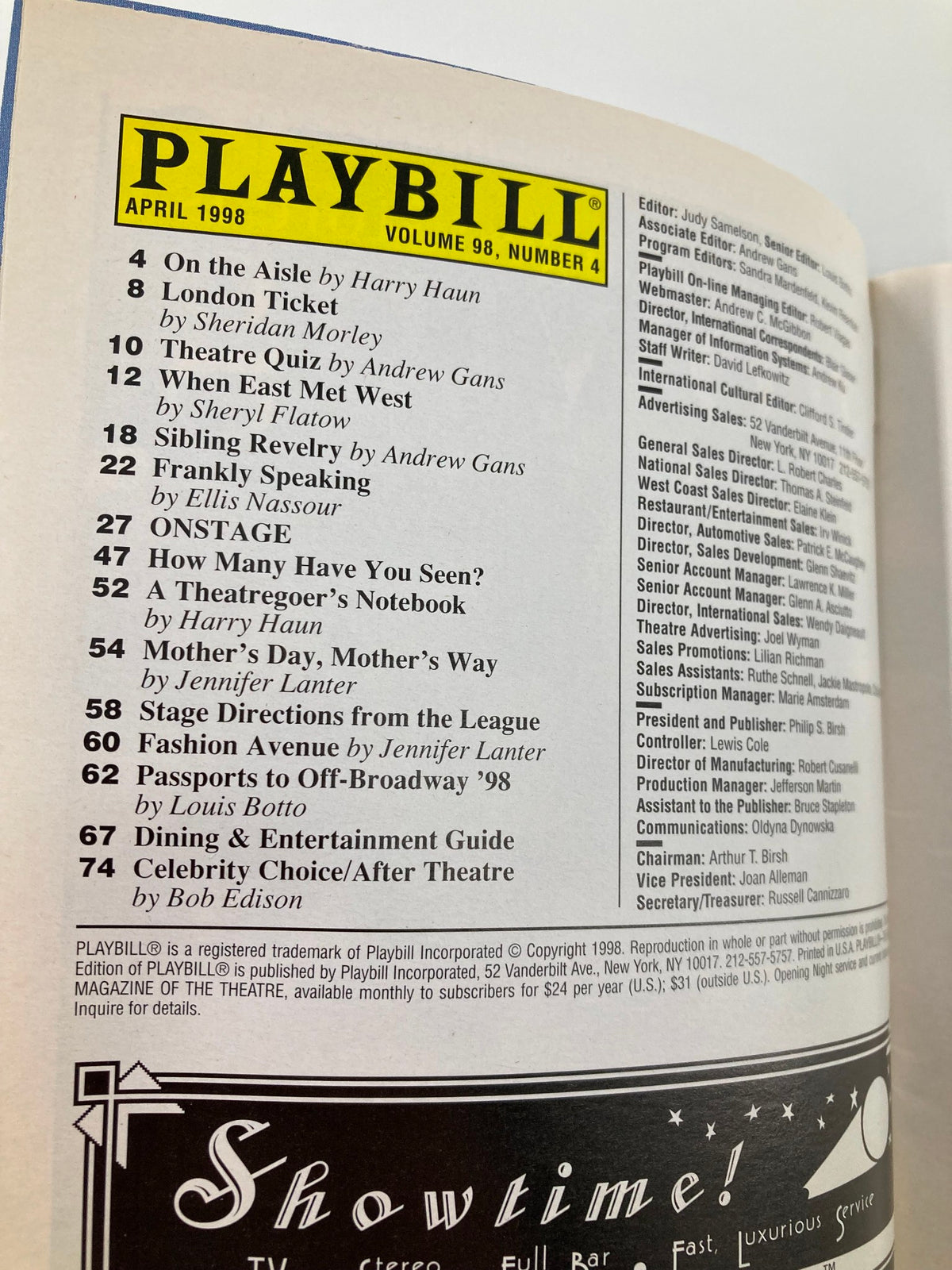 Inside page of the 1998 Playbill from Royale Theatre, containing the table of contents and various articles related to theatre.