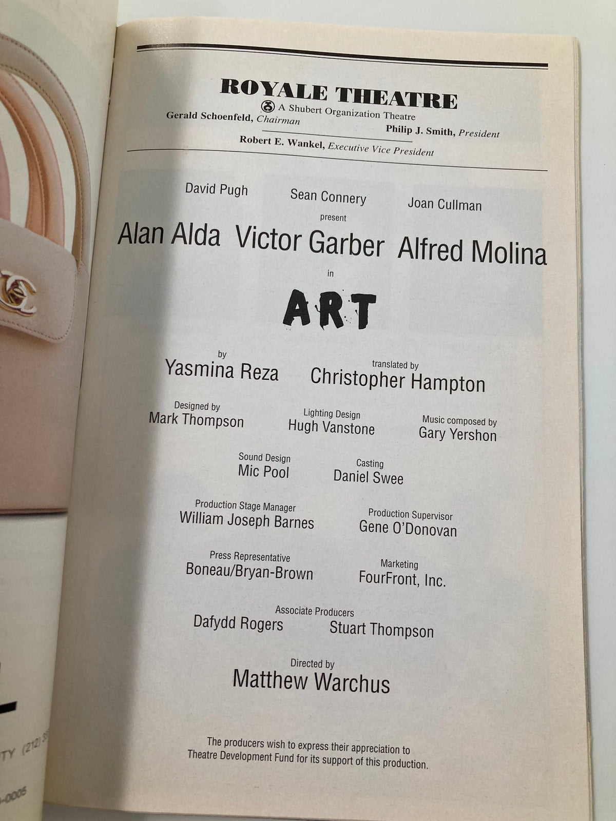 Credits page of the 1998 Playbill for 'Art' at Royale Theatre listing the cast, including Alan Alda and Victor Garber, and production details.