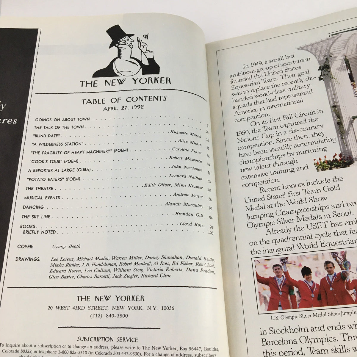 Inside page of The New Yorker April 27 1992 showing the Table of Contents with contributions from various authors and the cover illustration by George Booth.