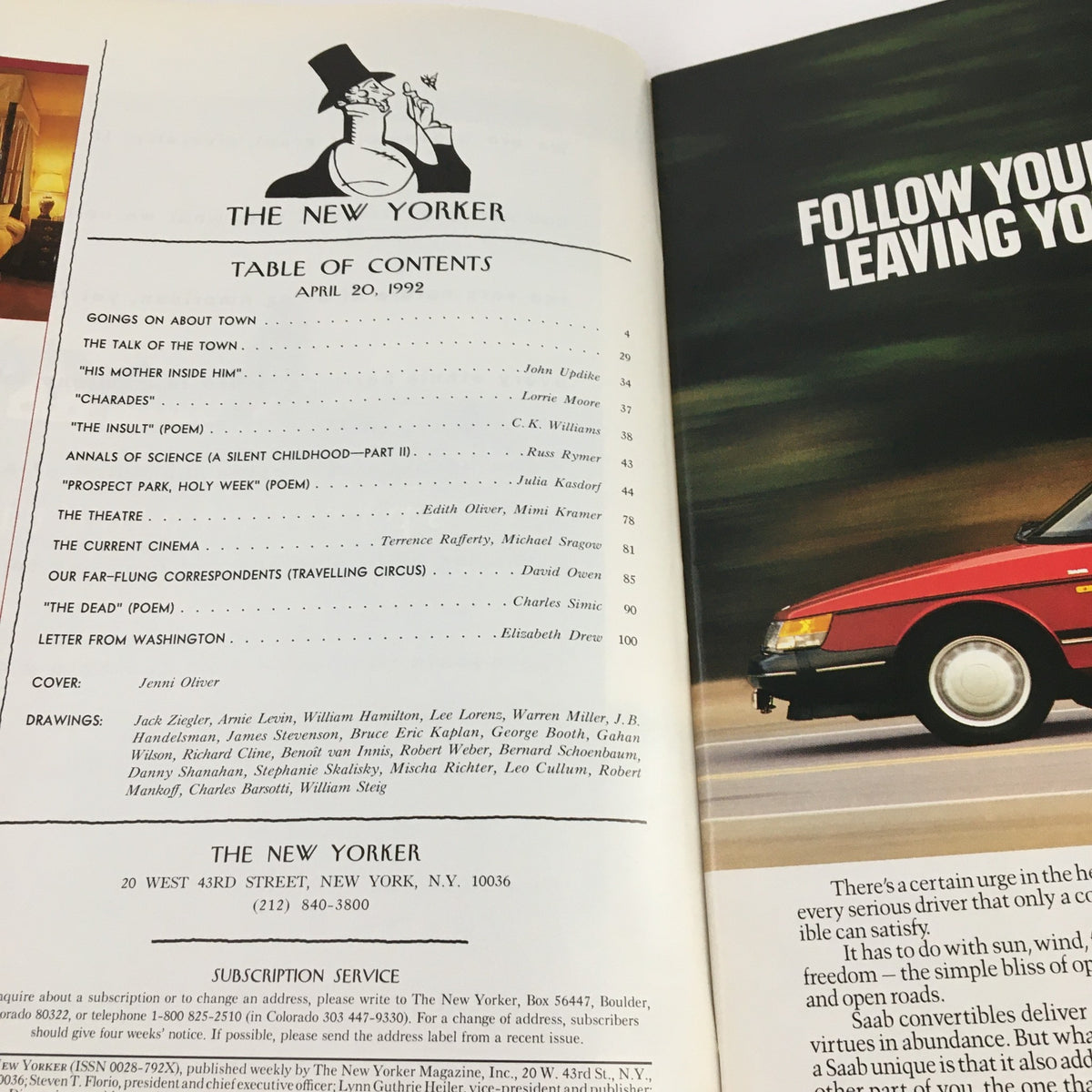 Table of Contents of The New Yorker April 20, 1992, featuring contributions by various writers and illustrators, showcasing an array of insightful articles and poems. Cover artwork by Jenni Oliver.