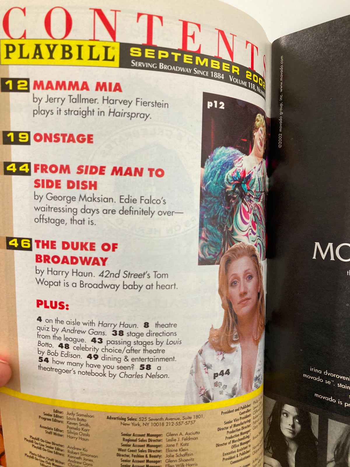 Contents page of the September 2002 Playbill, including articles and sections related to Broadway.