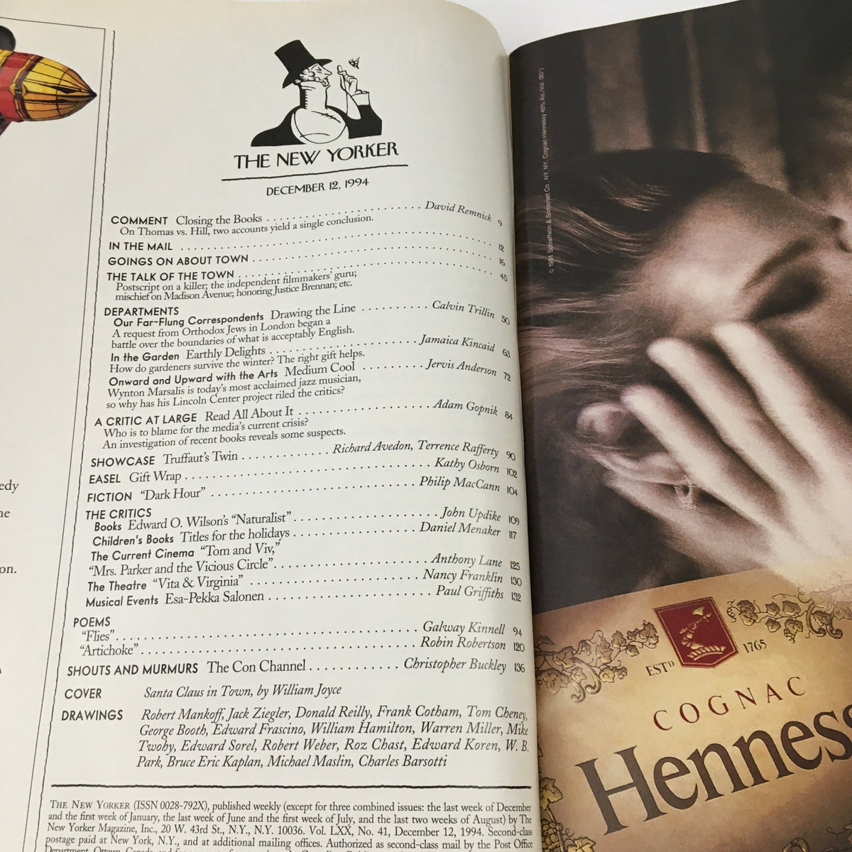 The New Yorker December 12 1994 magazine interior featuring the table of contents by William Joyce. It highlights various sections including 'Comment,' 'Going On About Town,' and 'Departments' with a classic layout. Good condition with minor wear.