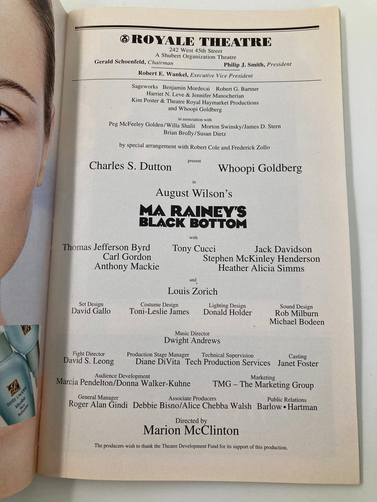 Credits page of the 2003 Playbill for Ma Rainey's Black Bottom, listing key contributors including Whoopi Goldberg and the production team at the Royale Theatre.