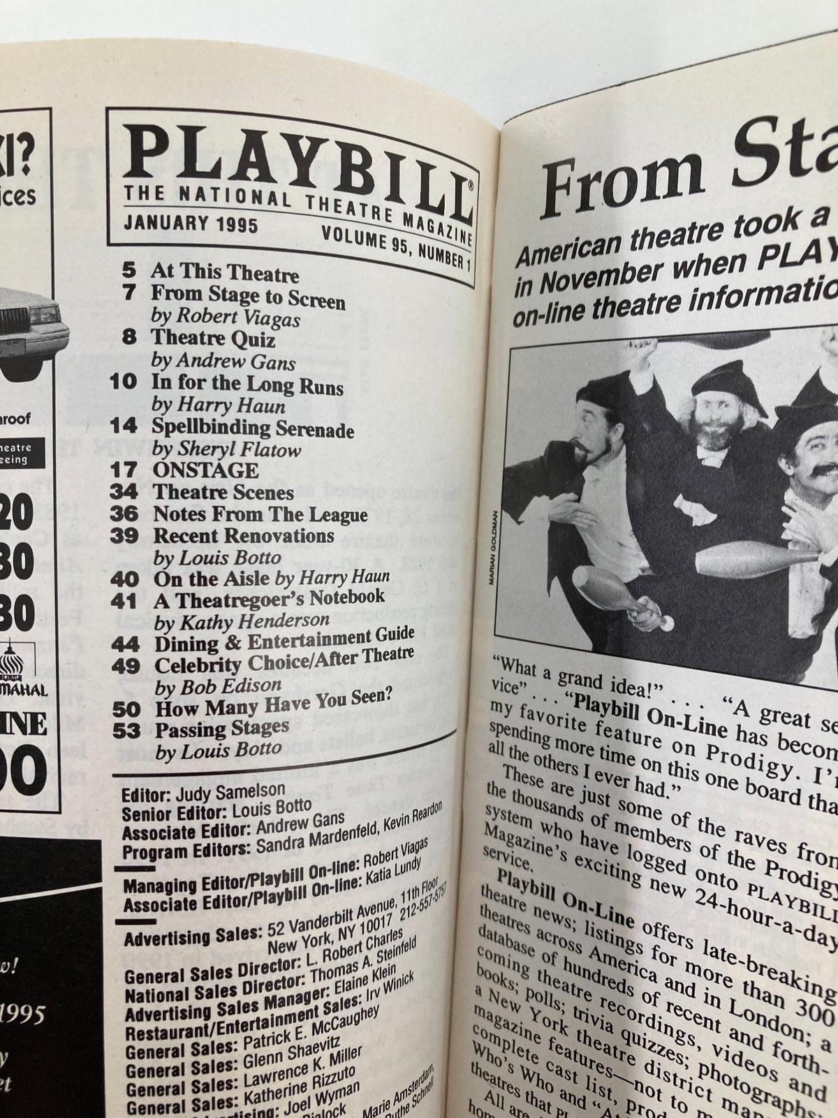 Inside view of the January 1995 Playbill featuring the cast listings and contents for the Gershwin Theatre production of Show Boat, starring John McMartin and Elaine Stritch.