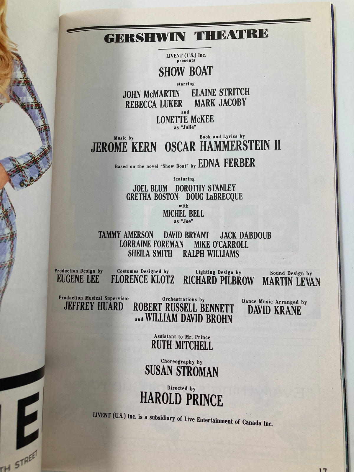 Details page of the Playbill for Show Boat at Gershwin Theatre, highlighting major contributors and creative team including Jerome Kern and Susan Stroman, dated January 1995.