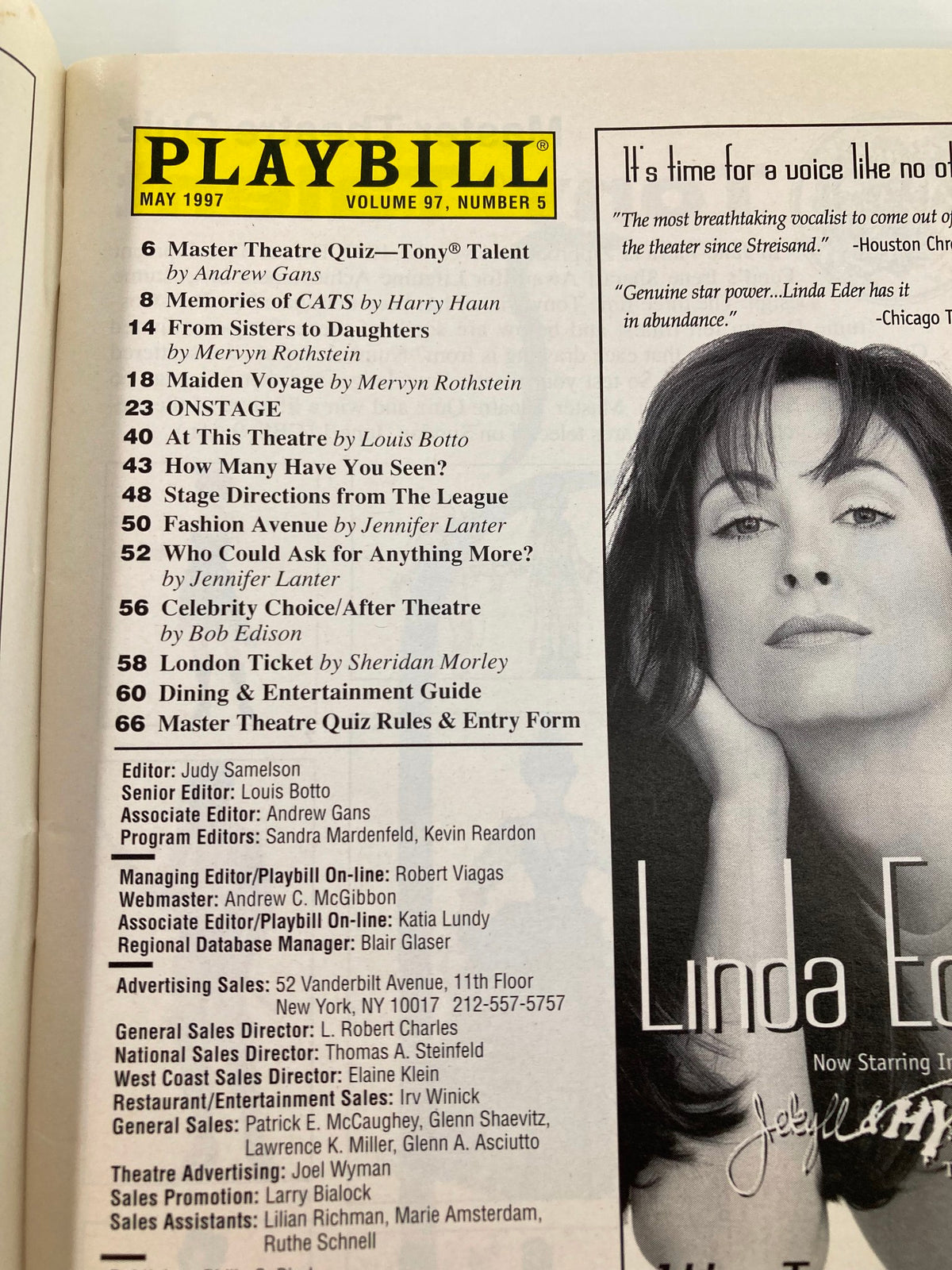 Inside contents of the 1997 Playbill for 'An American Daughter', including a list of features and highlights from May 1997, showcasing theater events and productions.