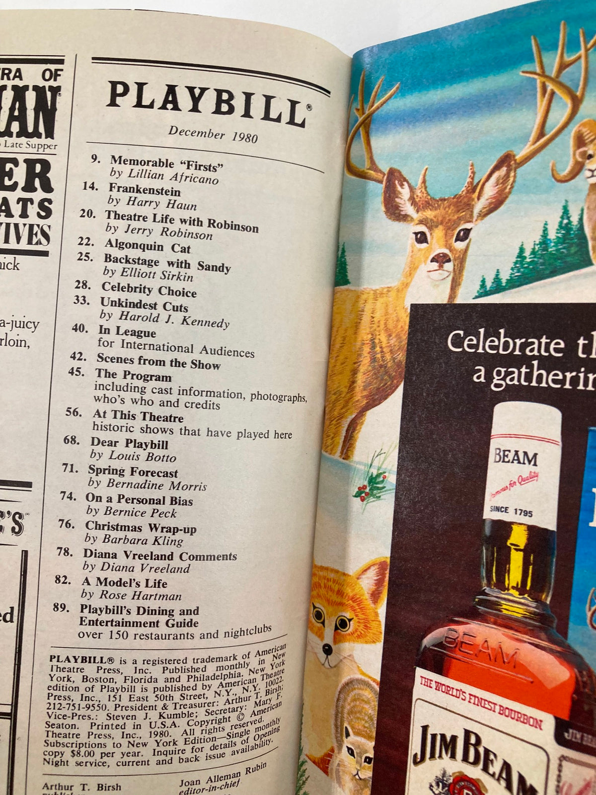 Inside view of the December 1980 Playbill from the Lunt-Fontanne Theatre featuring 'Peter Pan' with Sandy Duncan and Christopher Hewett, highlighting memorable events and performances.