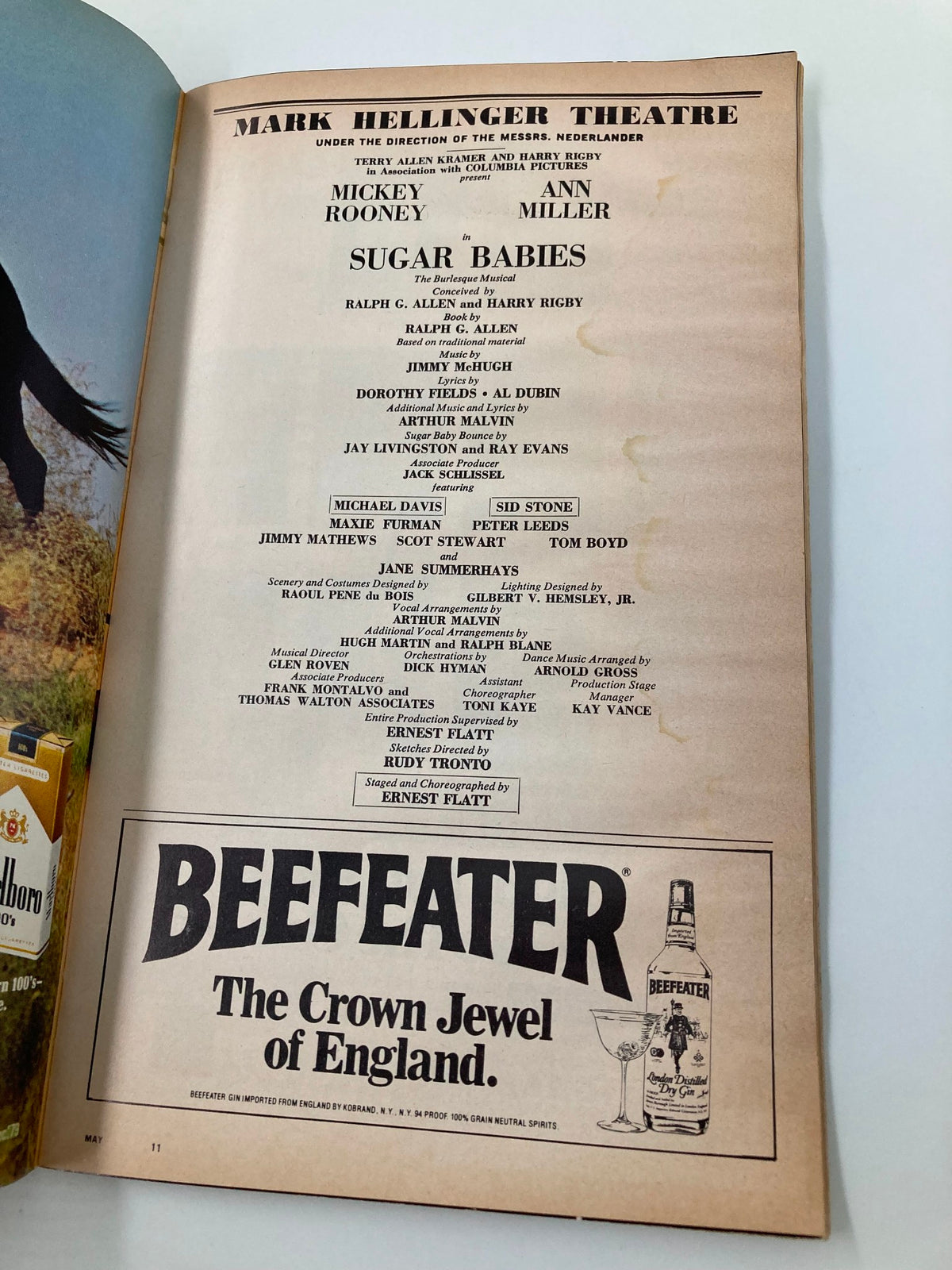 Interior page of the 1981 Playbill for Sugar Babies at the Mark Hellinger Theatre, featuring cast listings including Mickey Rooney and Ann Miller.