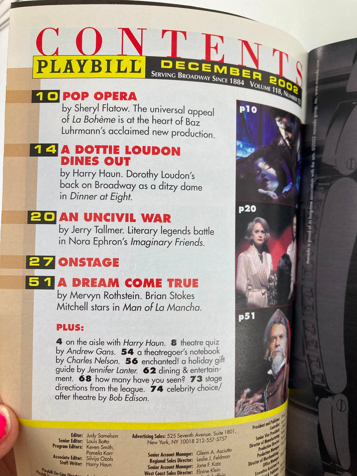 Contents page of the December 2002 Playbill, showcasing articles and features including 'A Dottie Loudon Dines Out' and 'An Uncivil War'.