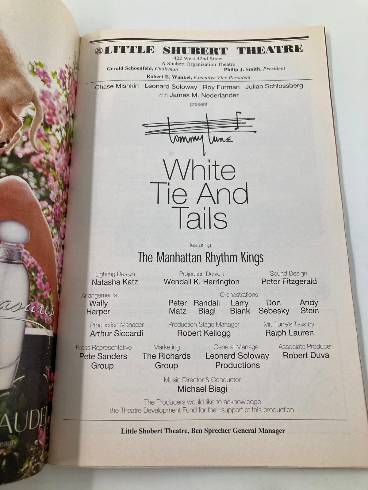 The program page of the 2002 Playbill for Tommy Tune's White Tie and Tails, detailing production credits and cast information.