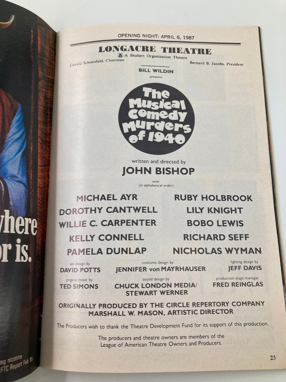 Cast listing page from the Playbill for The Musical Comedy Murders of 1940, revealing the opening night details and production crew.