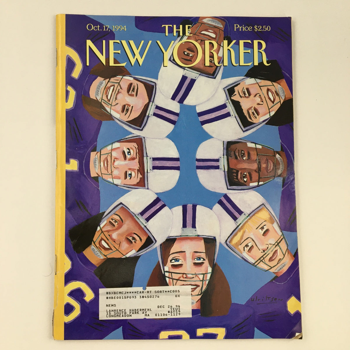 The New Yorker October 17 1994 magazine cover featuring colorful artwork by Mark Ulriksen, depicting smiling faces of individuals dressed in football gear, reflecting a unique theme from the issue.