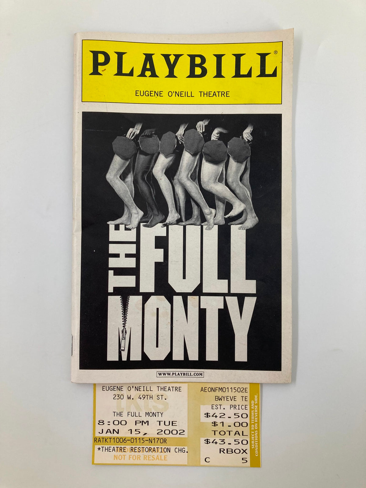2002 Playbill for The Full Monty at Eugene O'Neill Theatre featuring a striking cover design and original ticket.