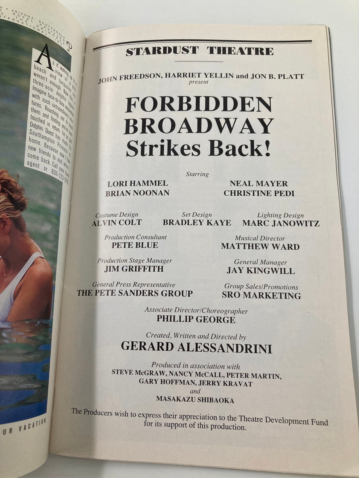 Interior page of the 1998 Playbill from Stardust Theatre, showcasing the cast and production team of Forbidden Broadway Strikes Back.