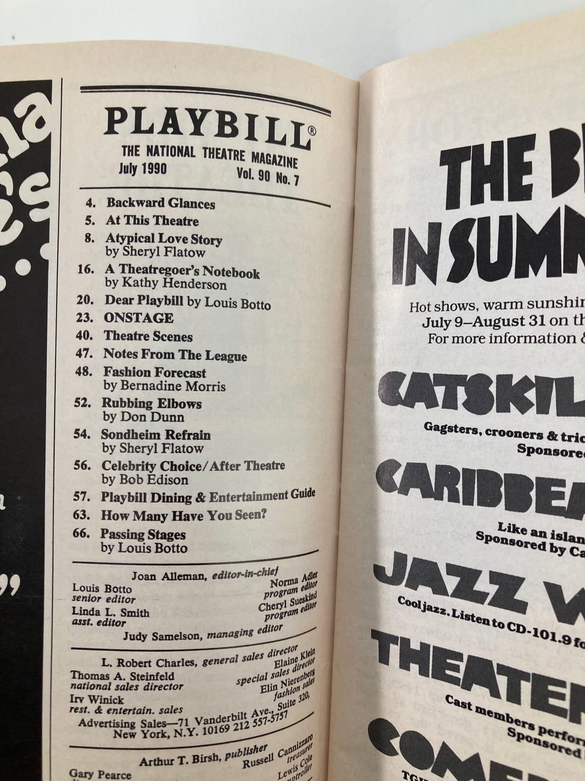 Inside page of the 1990 Playbill for Jerome Robbins' Broadway, displaying the table of contents and feature articles.