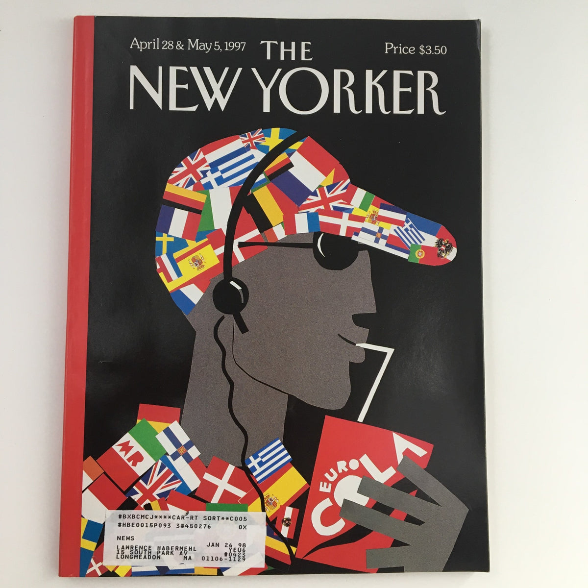 Cover of The New Yorker April 28, 1997 featuring striking artwork by Michael Roberts showcasing a figure with a colorful hat adorned with flags from different countries.