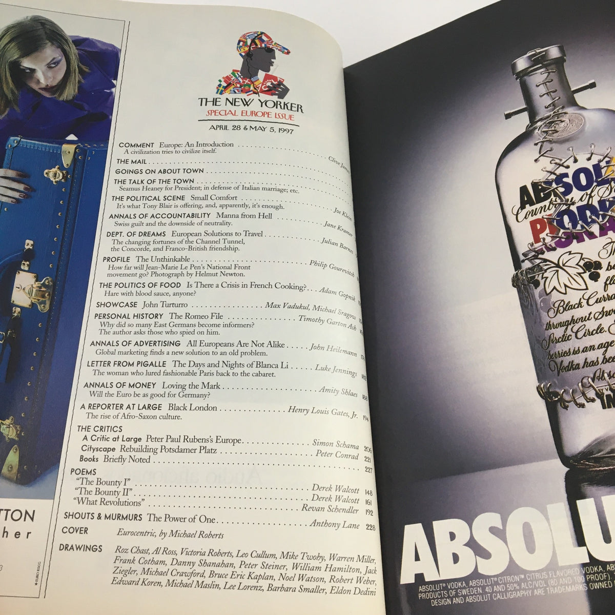 Interior page of The New Yorker April 28, 1997 showing the table of contents alongside a cultural commentary about Europe, highlighting articles and artistic contributions.
