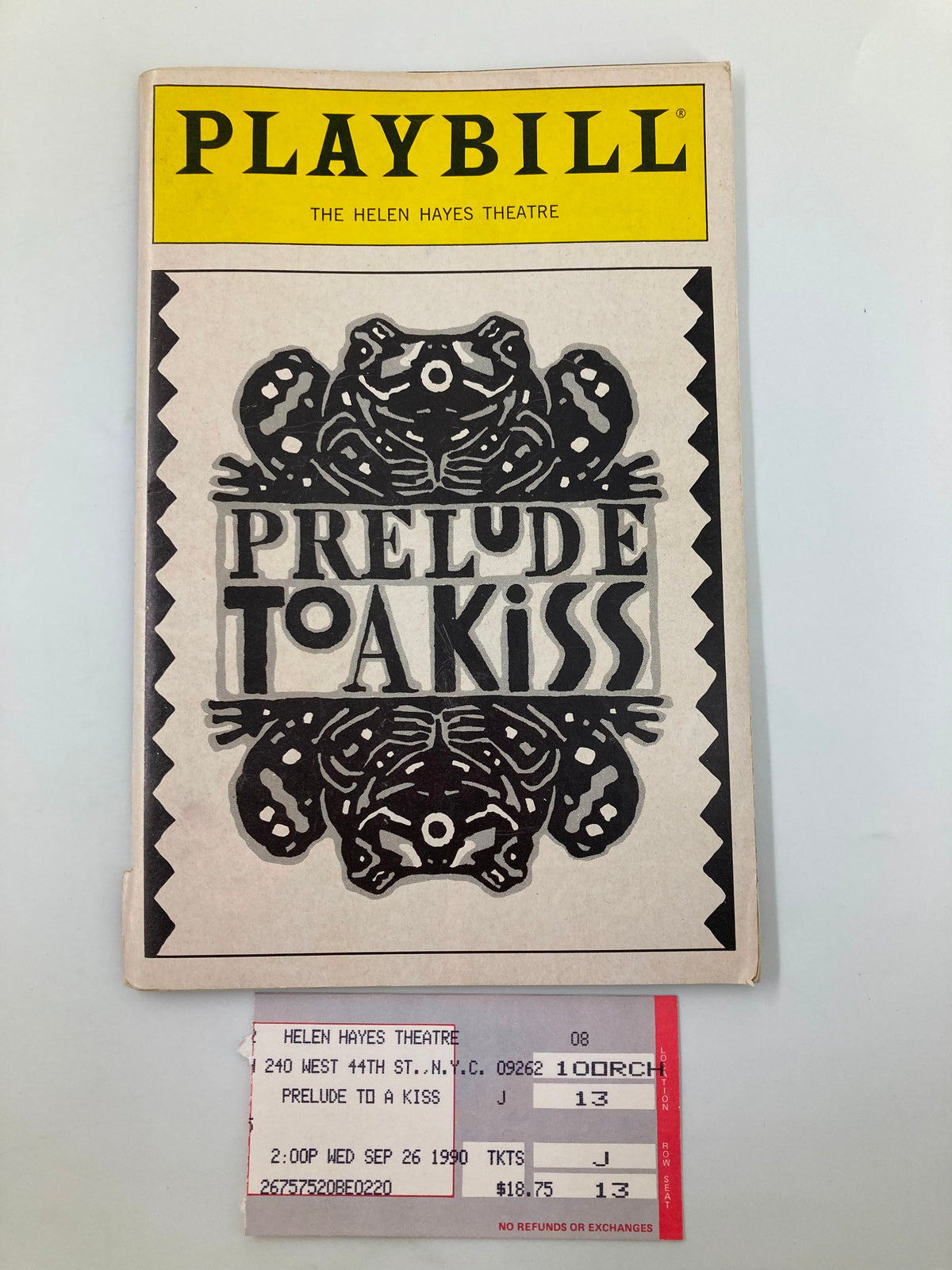 1990 Playbill for "Prelude To A Kiss" at The Helen Hayes Theatre featuring an artistic design and original ticket.