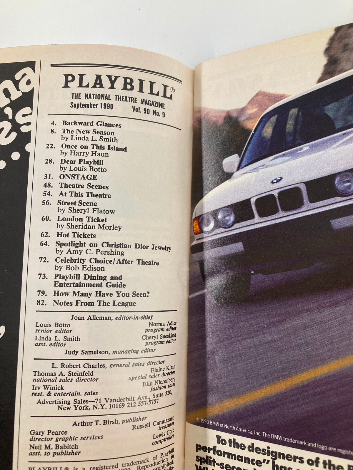 Interior page of the 1990 Playbill for Prelude To A Kiss, showcasing the contents and advertisements, from The Helen Hayes Theatre.