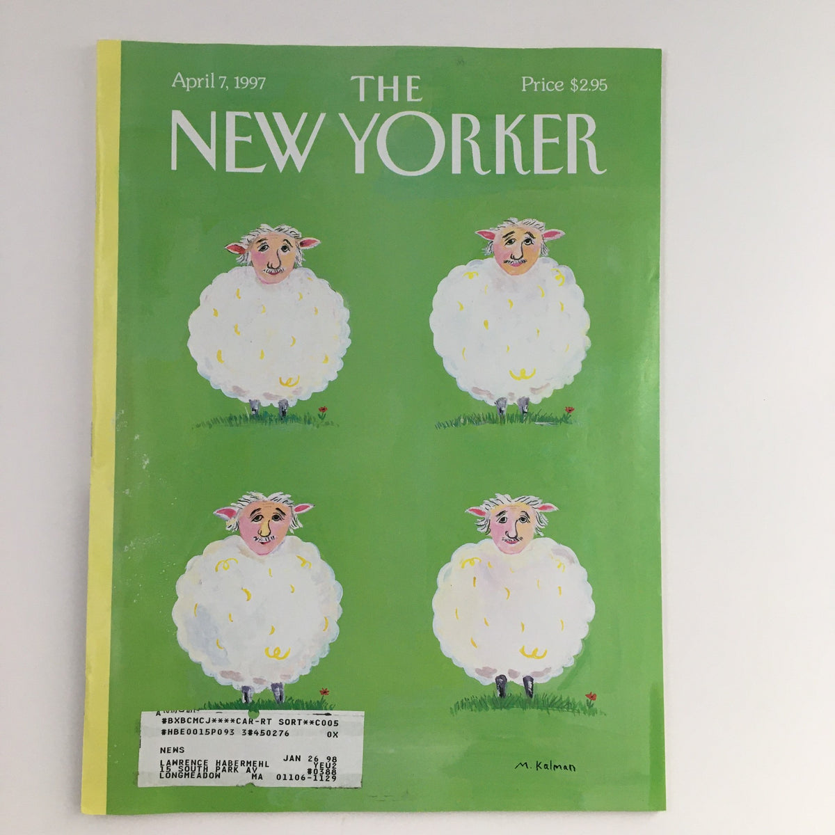 Cover of The New Yorker magazine from April 7, 1997, featuring whimsical sheep illustrations by Maira Kalman on a vibrant green background, capturing the essence of late 90s art and culture.