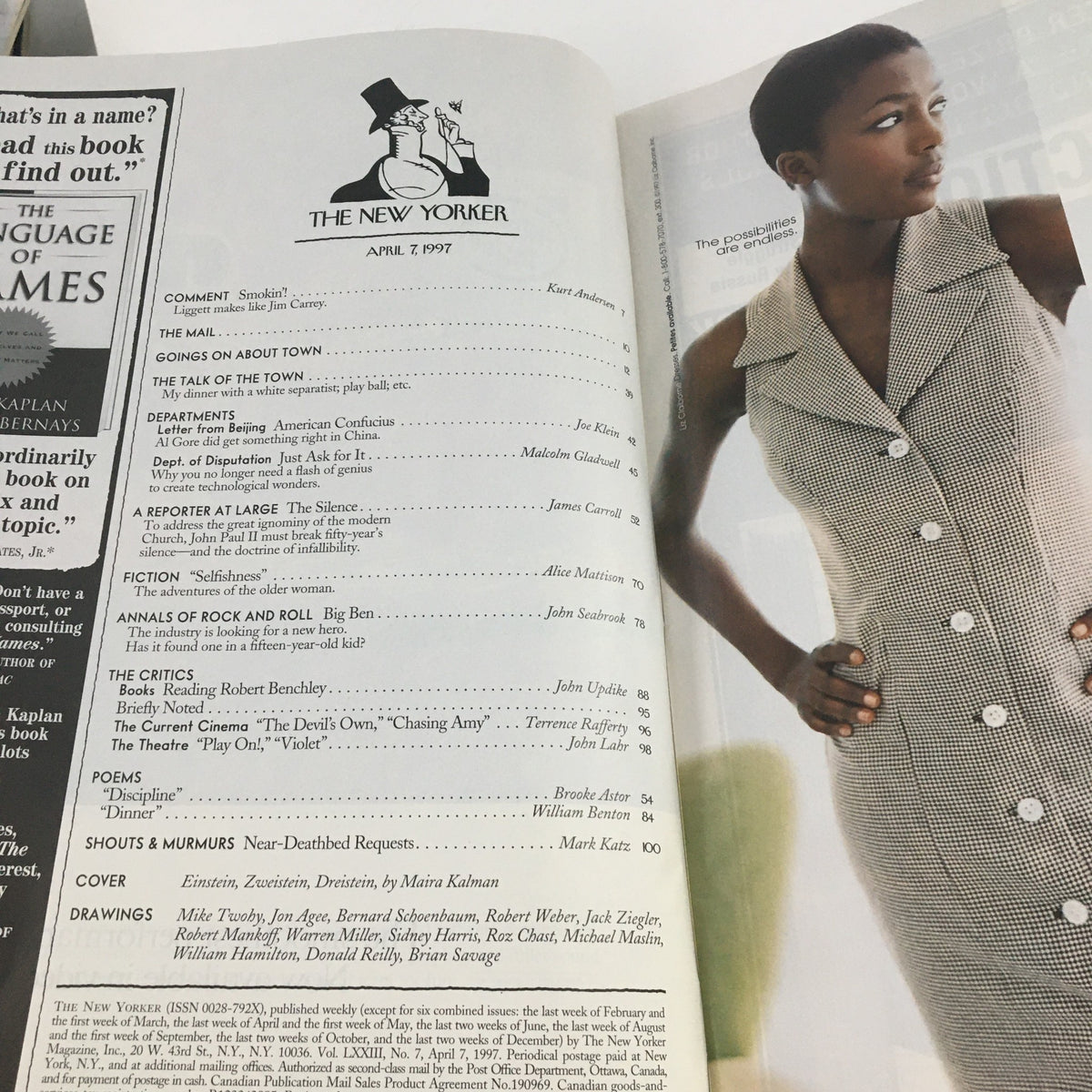 Interior view of The New Yorker magazine from April 7, 1997, showcasing the table of contents with a list of articles and features, including a cover art description by Maira Kalman. The layout reveals notable sections such as commentaries, articles, and poems, representing the publication's blend of culture and literature.