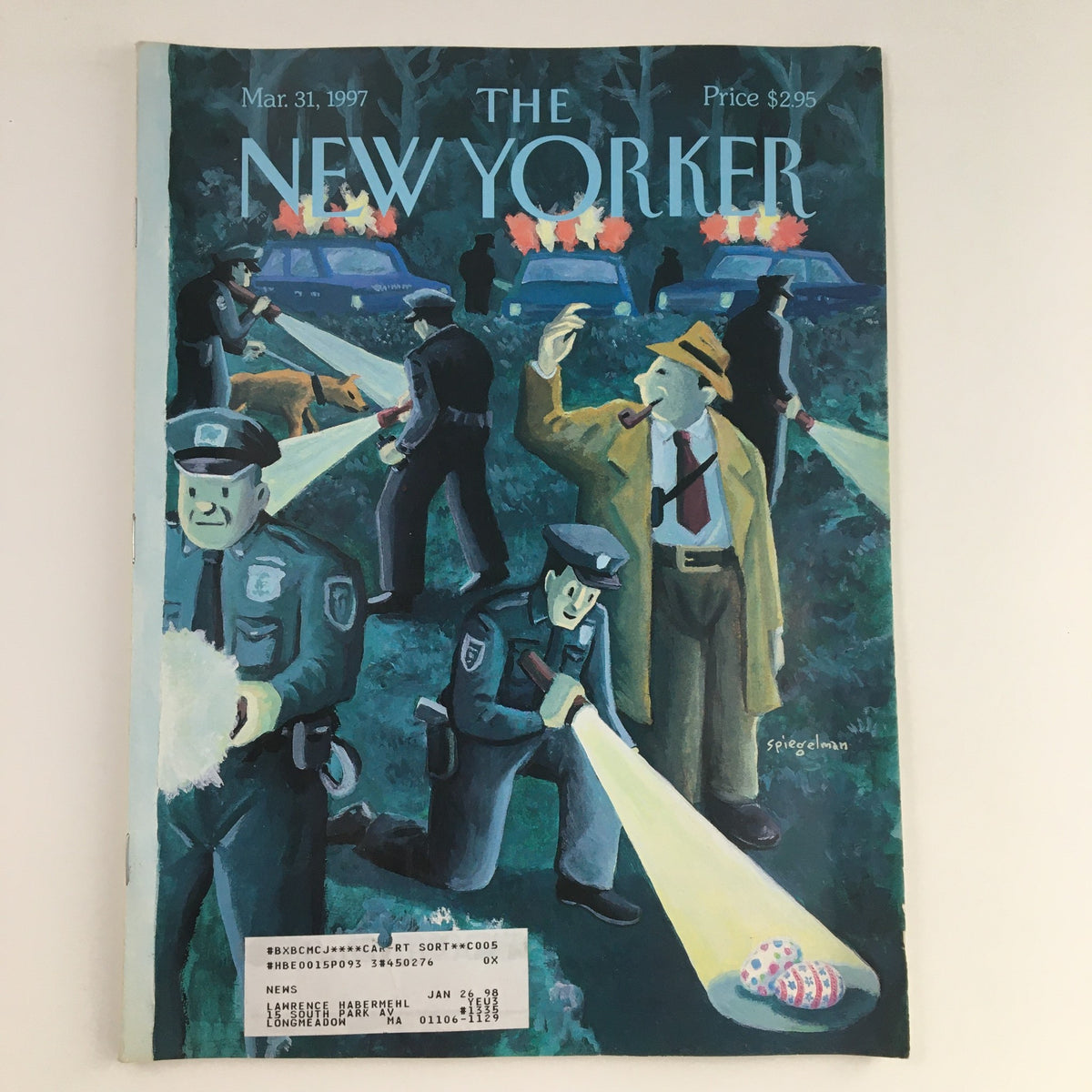 The New Yorker March 31 1997 Full Magazine Cover featuring art by Art Spiegelman, depicting police officers investigating in a dark setting with flashlight beams and a dog, highlighting the magazine's unique illustration style.