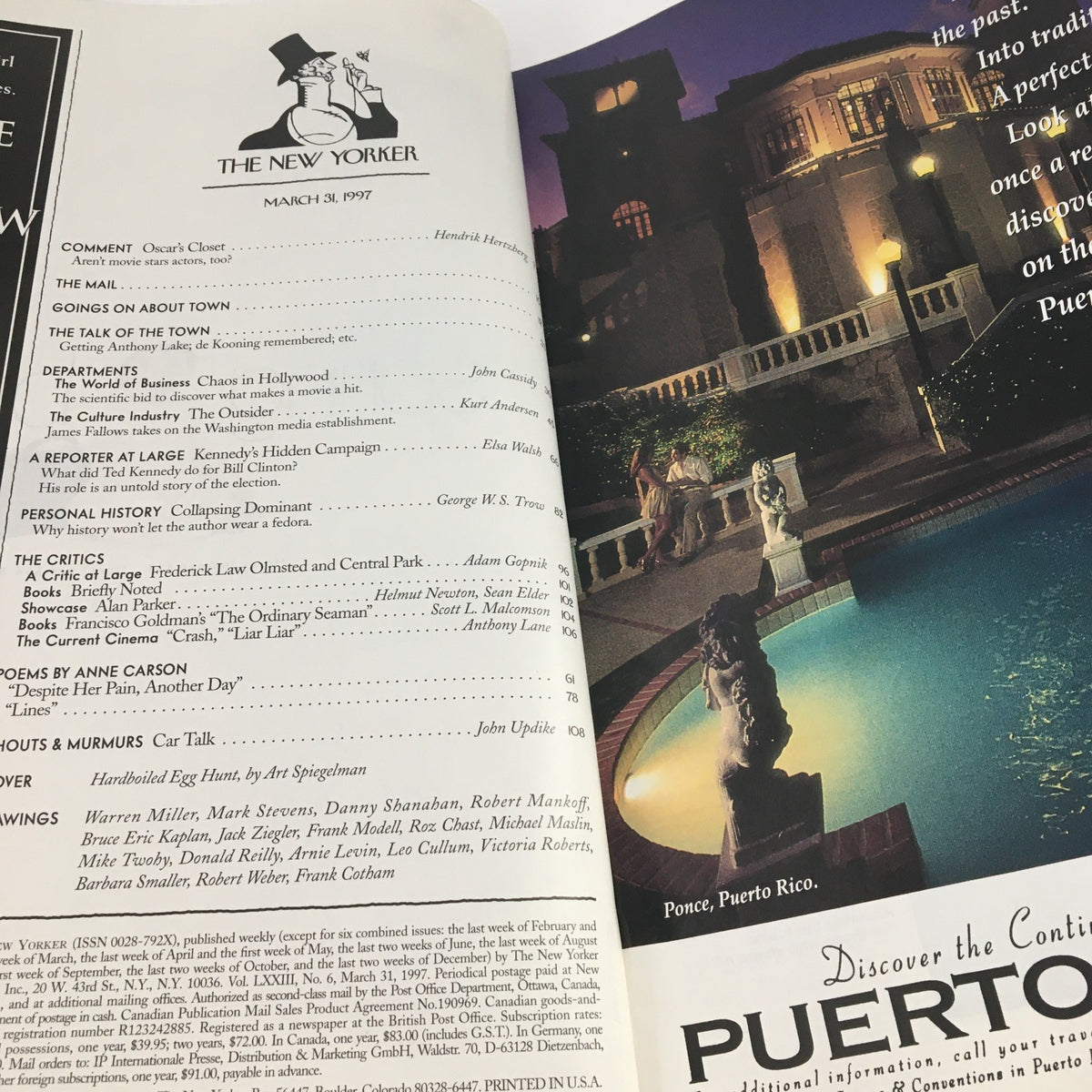 Inside page of The New Yorker March 31 1997 showing the magazine's contents, including insightful articles and commentary, and an advertisement for Puerto Rico; a glimpse of its cultural and artistic offerings.