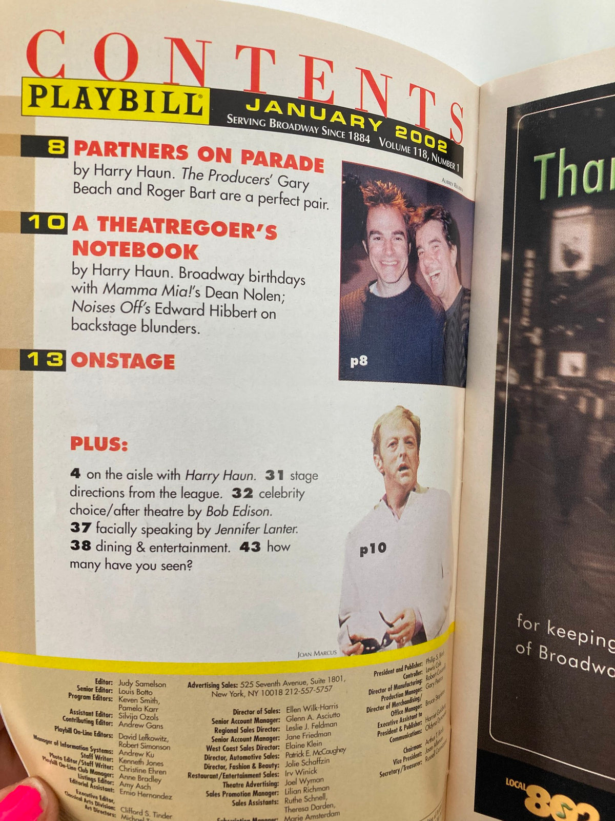 Contents page of the January 2002 Playbill featuring articles and features related to Broadway, including The Full Monty.