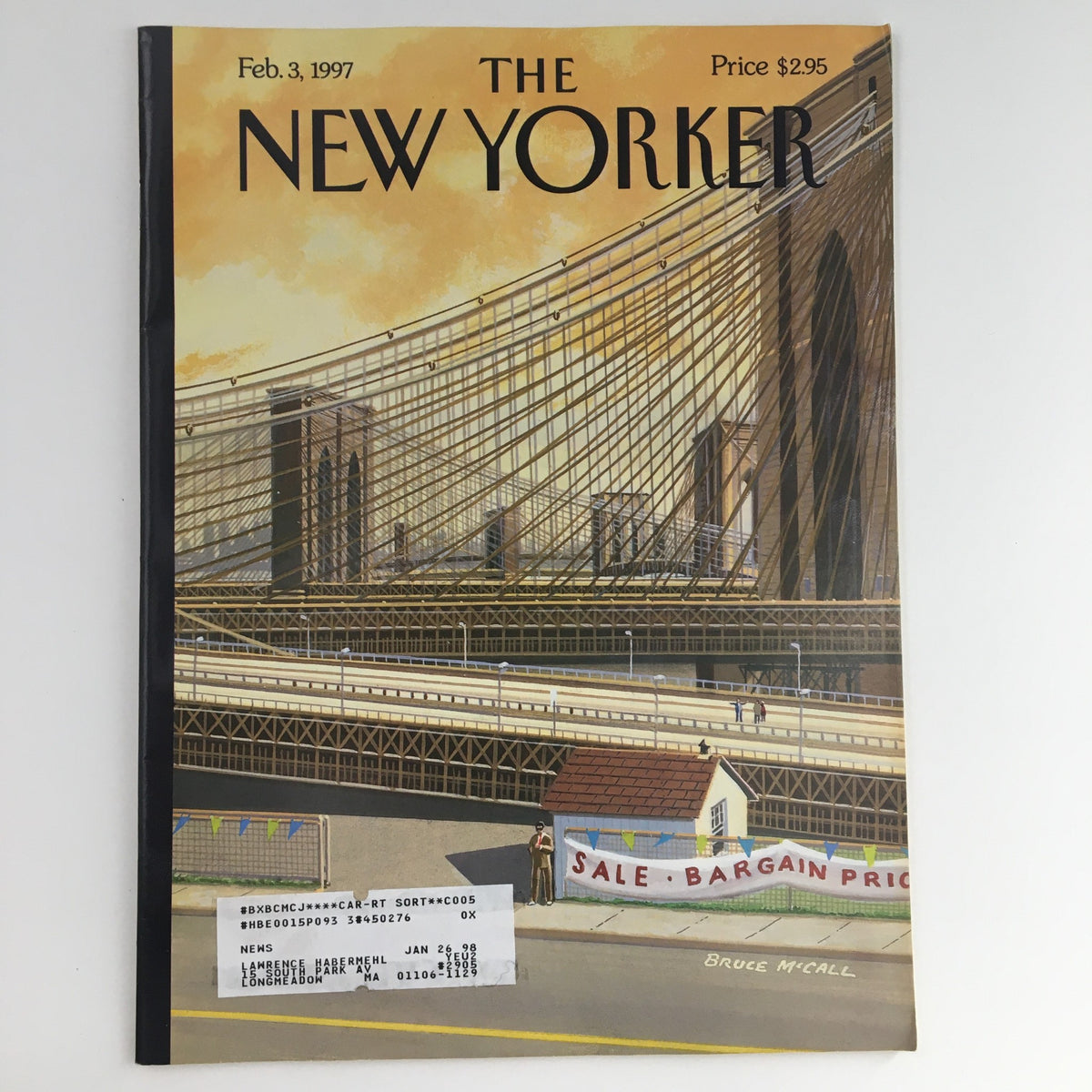 Cover of The New Yorker February 3, 1997, featuring iconic artwork by Bruce McCall, depicting the Brooklyn Bridge, priced at $2.95.
