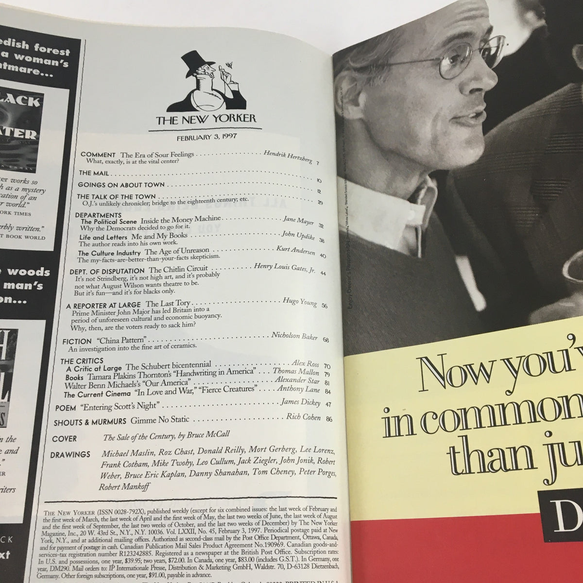 Interior page showcasing the table of contents for The New Yorker February 3, 1997, highlighting articles and features from that issue.