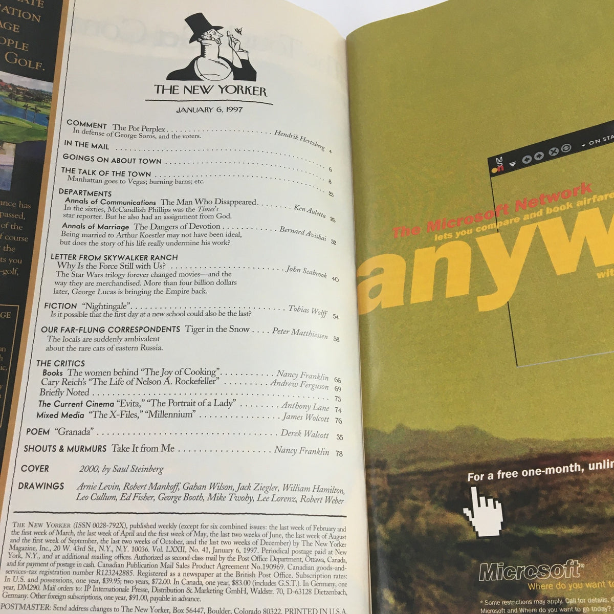 Inside page of The New Yorker January 6 1997 magazine showcasing the table of contents and articles including commentary and features from that issue.
