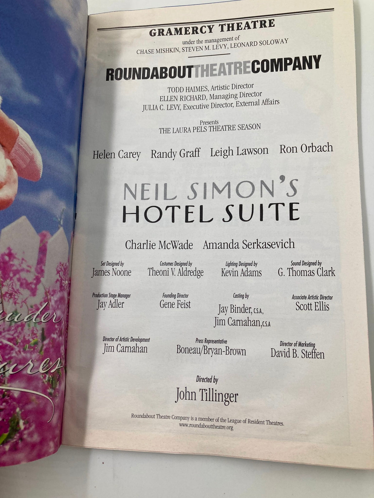 Page inside the 2000 Playbill for Hotel Suite listing key creators including Charlie McWade and Amanda Serkasevich, reflecting on the theatrical production.